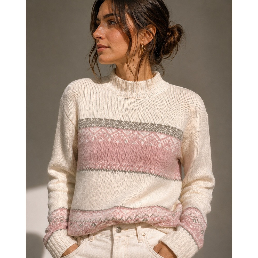 Westbound Womens Fair Isle Sweater Pink Cream Nordic Cottagecore Mock Neck S/M